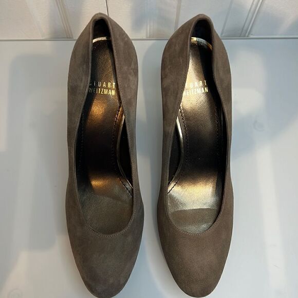 Stuart Weitzman Taupe Suede Platform Block Heel Slip On Shoes Size 9.5 - Picture 3 of 13